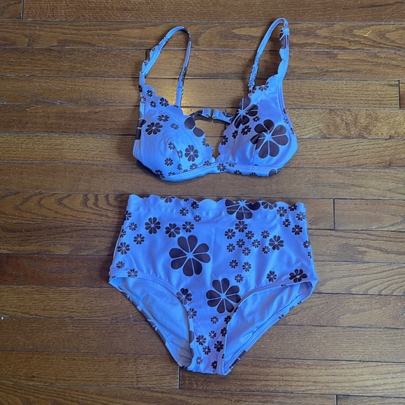 Kate Spade | Scalloped Lilac Brown Pastel Flower Bikini Swimsuit 2 Pc SET Small - Picture 6 of 11